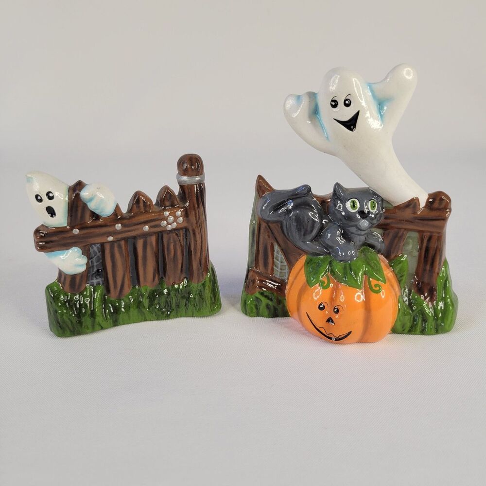 Vtg Set 2 Hand Painted Halloween Ceramic Figurines Ghost Fence Black Cat Pumpkin